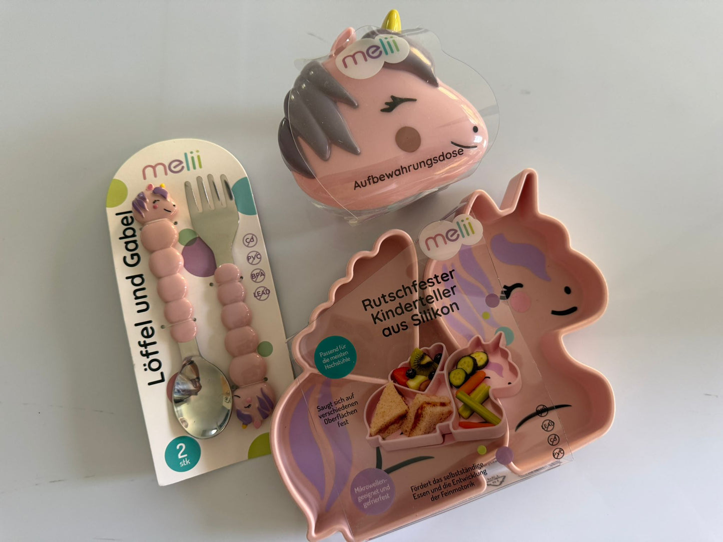 Kinder-Set „Einhorn“ – Teller, Besteck & Snackdose
