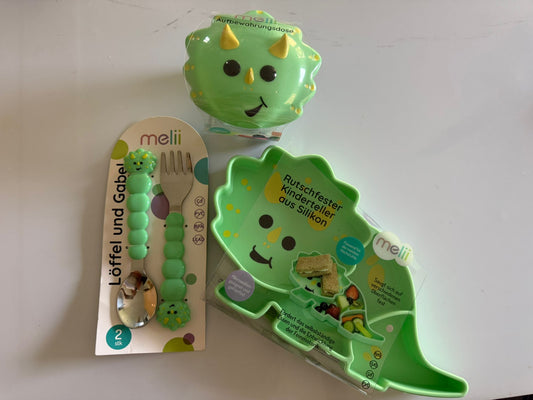 Kinder-Set „Dino“ – Teller, Aufbewahrungsdose & Besteck