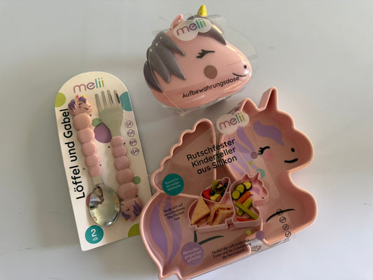 Kinder-Set „Einhorn“ – Teller, Besteck & Snackdose